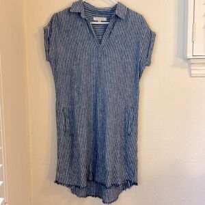 Harper Heritage Casual Linen Blue White Striped Short Sleeve Dress Coverup XXS